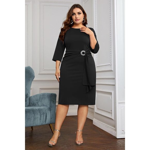 Plus Size Women's 3/4 Sleeve Bodycon Dress with Rhinestones for Business - Picture 8 of 8